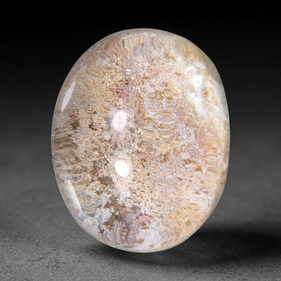 32.11ct Natural Brazilian Phantom Quartz Oval Cabochon Loose Gemstone, 79YV: This smoothly polished cabochon of natural phantom quartz preserves delicate layered phantom crystal formations enclosed inside transparent quartz host. The domed polished surface offers unobstructed 