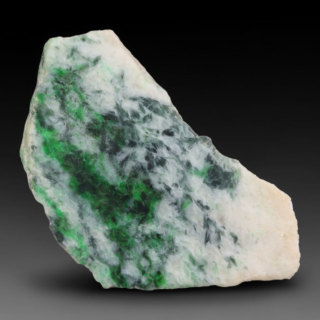 264ct Natural Type A Burmese Jadeite Jade Sliced Rough, 39YK: This specimen is a sliced rough block of natural Type A Burmese jadeite jade. The interior displays natural colour zoning with visible mineral veining and crystalline patterns typical of unprocessed j