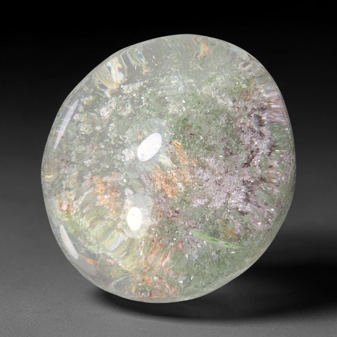 33.22ct Natural Brazilian Phantom Quartz Oval Cabochon Loose Gemstone, 83YV: This smoothly polished cabochon of natural phantom quartz preserves delicate layered phantom crystal formations enclosed inside transparent quartz host. The domed polished surface offers unobstructed 