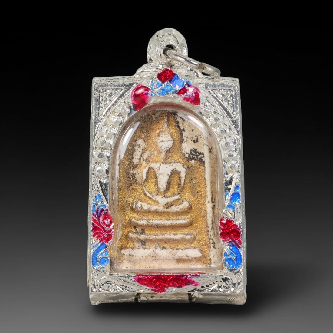 Thai Gilded Clay Metal Amulet Buddhist Votive Pendant, 27ZB: Formed from fired clay with subtle gilded finishing, the artifact uses traditional molded crafting techniques widely seen in Southeast Asian devotional craftwork. Its rectangular shape conforms to sta