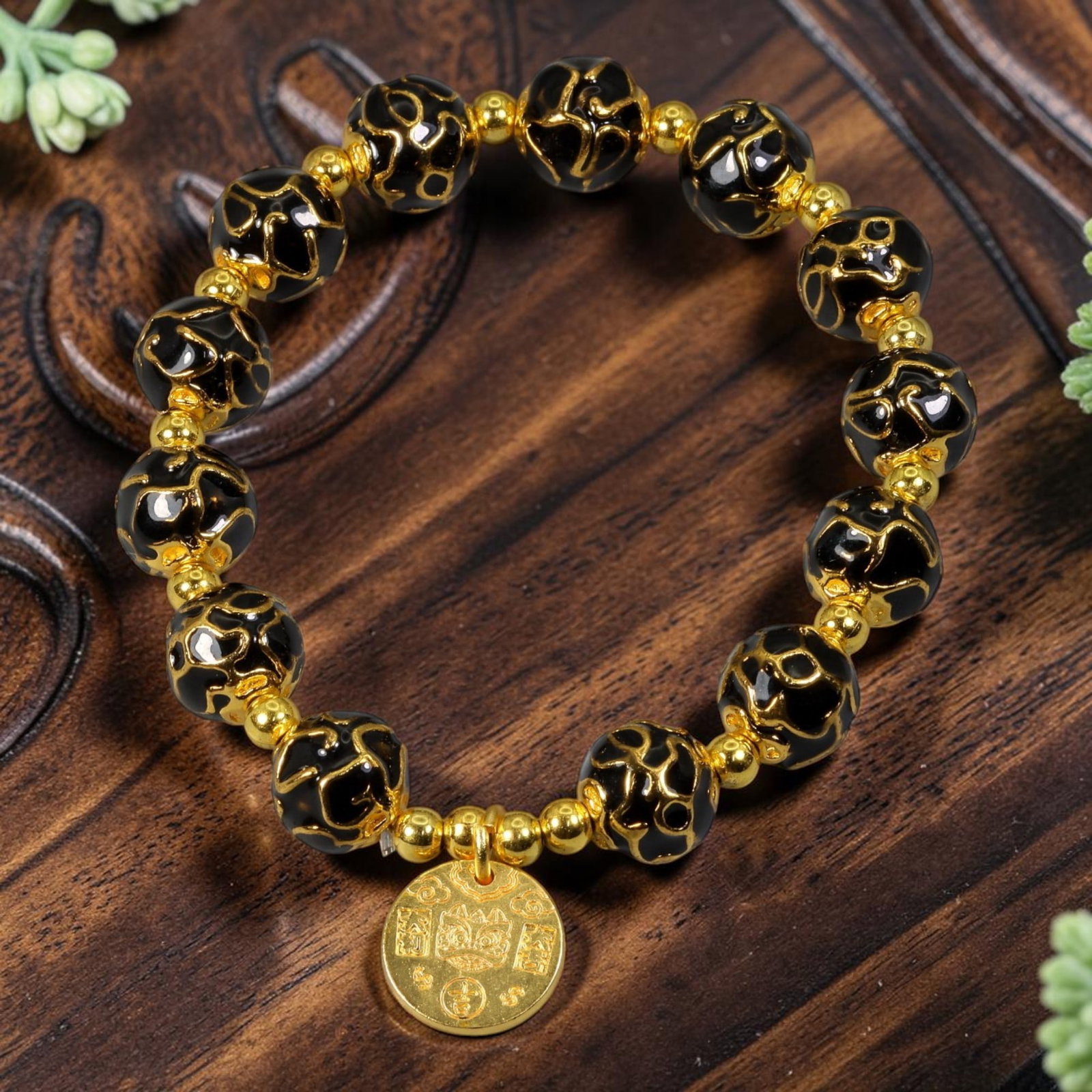 Chinese Cloisonne Enamel Beaded Bracelet - Glossy Black Gold Lion Head Protection Coin Charm, 65YG: This modern Chinese revival stretch bracelet features large round cloisonne enamel beads measuring 10.00 millimeters, finished in polished glossy black enamel with bold raised gold-tone abstract cloud