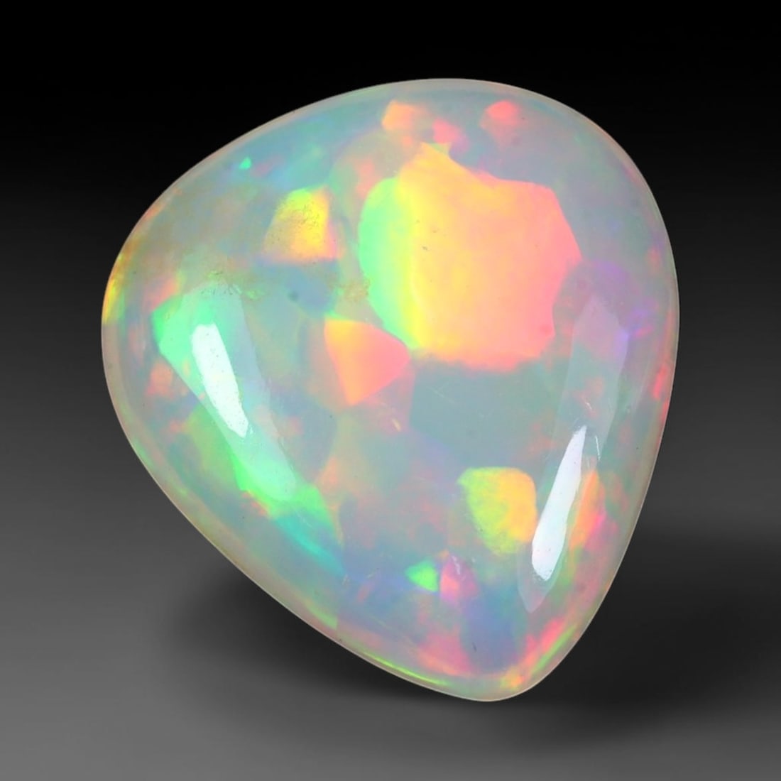 6.03ct Natural Ethiopian Welo Solid Opal Trillion Cabochon, 3TG: This natural solid opal cabochon originates from Ethiopia Welo. The translucent pale base features bold blocky play-of-color with vibrant green, golden yellow and fiery orange iridescent flashes acros