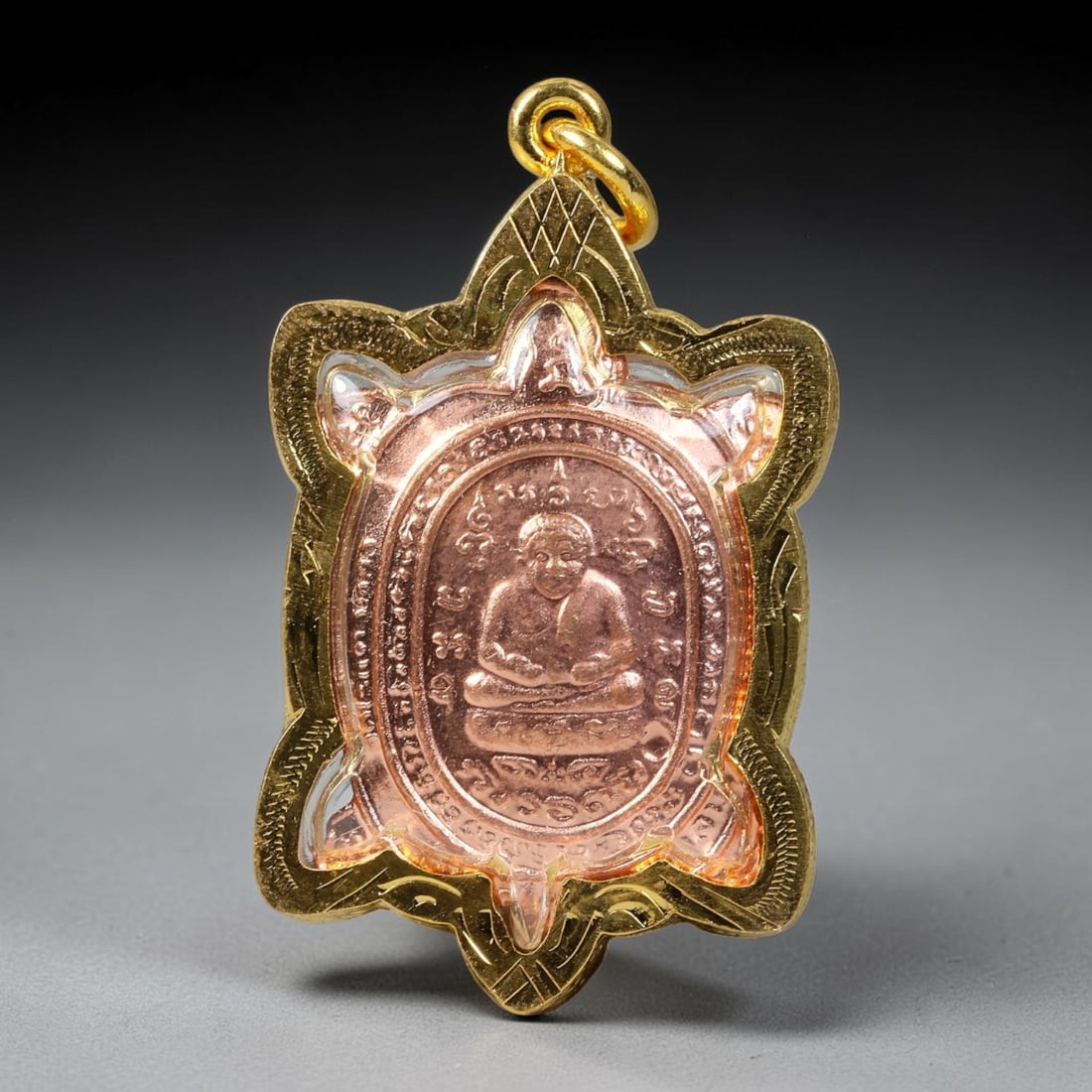 Thai Turtle Shaped Luang Phor Wealth Tortoise Dual-Sided Gold Plated Metal Casing Amulet, 38YY: Traditional wealth tortoise turtle-shaped Thai amulet with rose copper core sealed under clear transparent cover, encased in hand-engraved gold-plated metal casing paired with polished gold-toned meta