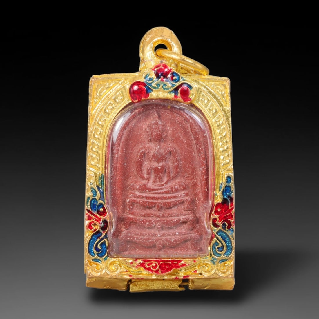 Thai Gilded Clay Metal Amulet Buddhist Votive Pendant, 39ZB: Constructed from fired clay with light gilded finishing layers, the piece uses traditional molded crafting techniques typical of Southeast Asian devotional artifacts. Its rectangular form follows stan