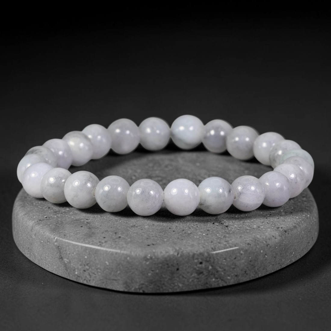 Natural Burmese Type A Pale Lavender Cloudy Jadeite Jade Bead Bracelet, 24TP: Strung from natural Type A Burmese jadeite, this spherical bead bracelet features a delicate pale lavender base tone with soft cloudy greyish-white inclusions dispersed throughout. Each bead is smooth