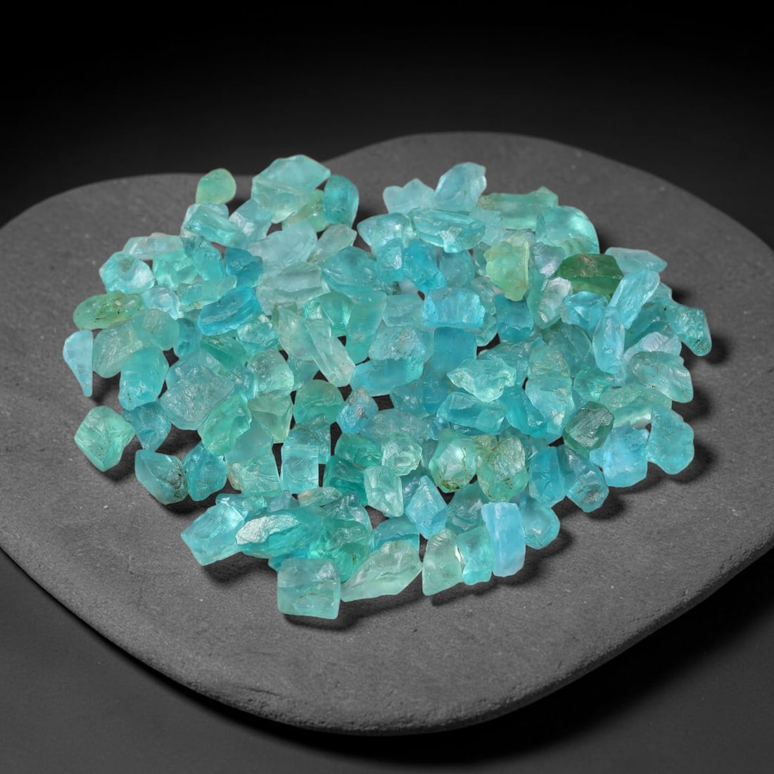 128.74ct Natural Blue Apatite Rough Parcel Loose Gemstone, 53YS: Natural apatite rough parcel featuring fresh bright blue colouration with subtle tonal variations across each crystal piece. Raw crystalline surfaces display authentic natural mineral textures and inh