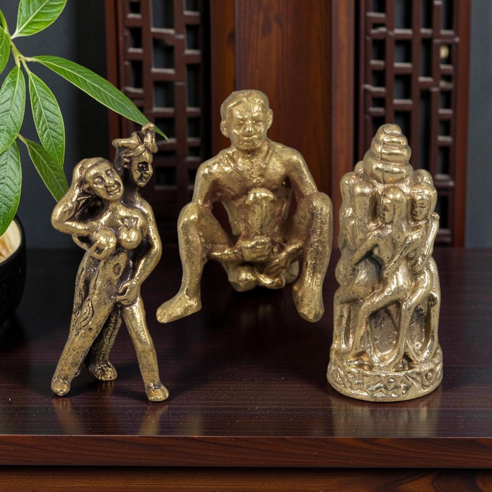 Thai Vintage Copper Alloy Erotic Devotional Figures - 3pcs Set, 76ZB: This set of three devotional figures is crafted from copper alloy, exhibiting a warm golden patina and the characteristic wear of vintage Thai ritual objects. The pieces depict stylized erotic and fer