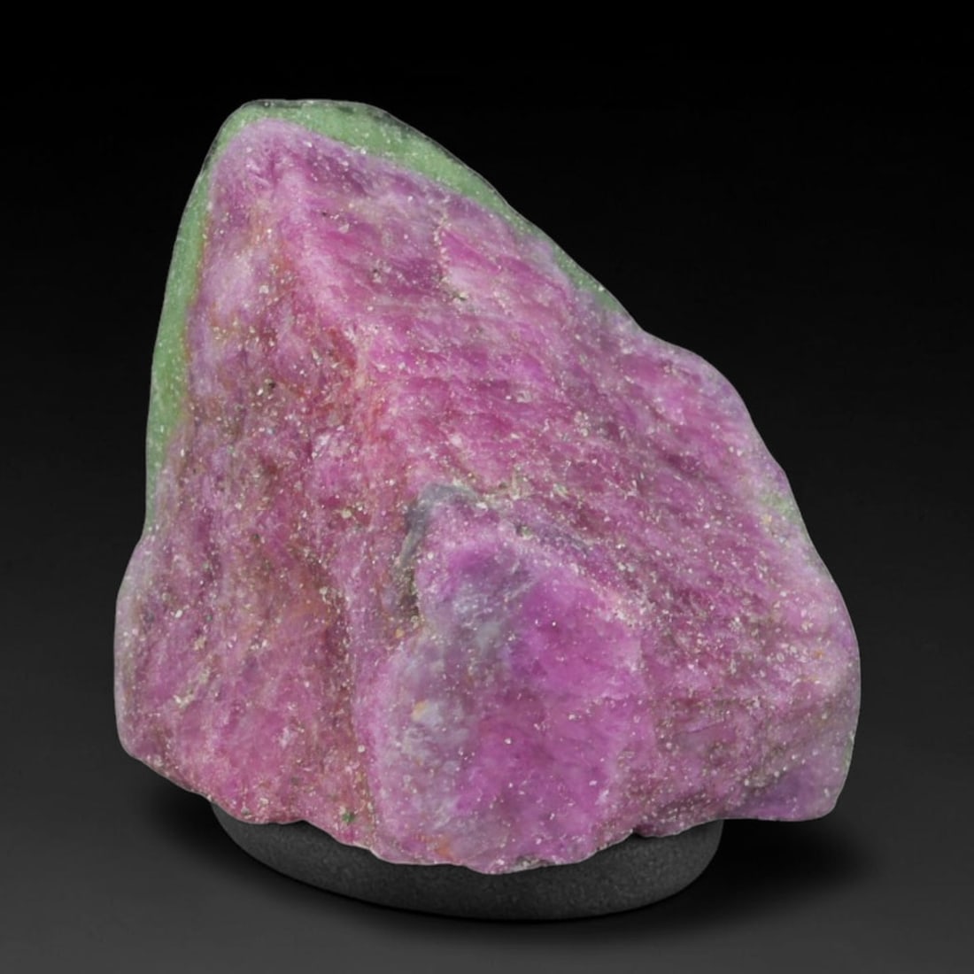 105.35ct Natural Tanzanian Ruby Zoisite Raw Rough Specimen Mineral Stone, 59YT: This unpolished mineral rough is natural ruby zoisite sourced from Tanzania, exhibiting distinct banded mineral segregation of vibrant green zoisite, magenta ruby crystals, and dark hornblende inclusi