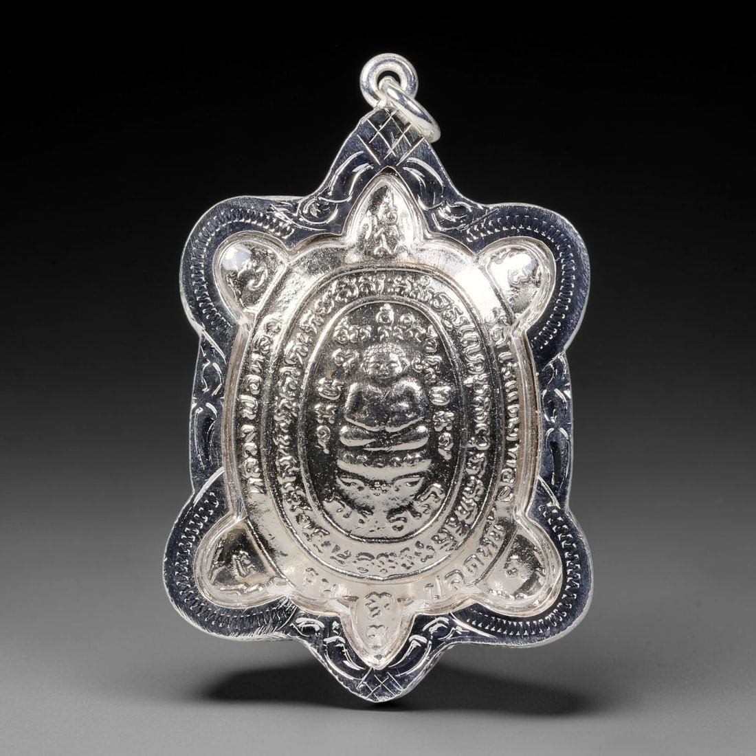 Thai Wealth Tortoise Turtle Luang Phor Dual-Sided Silver Plated Metal Casing Amulet, 34YY: Traditional turtle-shaped Thai wealth tortoise amulet with silver metal core sealed under clear transparent cover, encased in hand-engraved silver-plated metal casing with polished silver-toned metal 