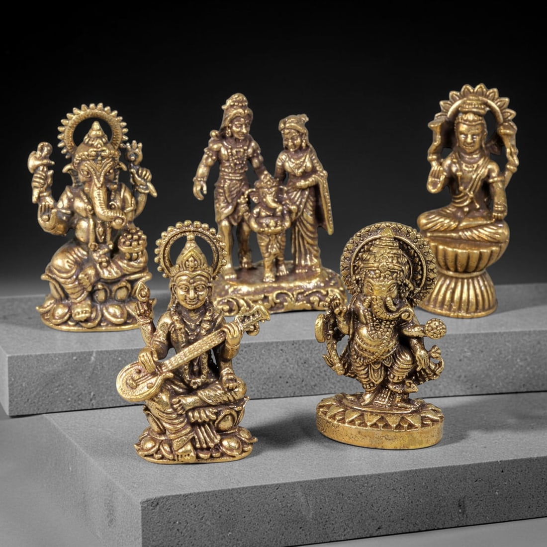 Thai Vintage Copper Alloy Hindu Mini Divine Statue Set - 5pcs, 20YZ: Vintage Thai copper alloy miniature Hindu deity figurine set of five pieces, each dimension 4.0x2.0cm. This assortment features two distinct Lord Ganesha statues, Saraswati with veena musical instrume