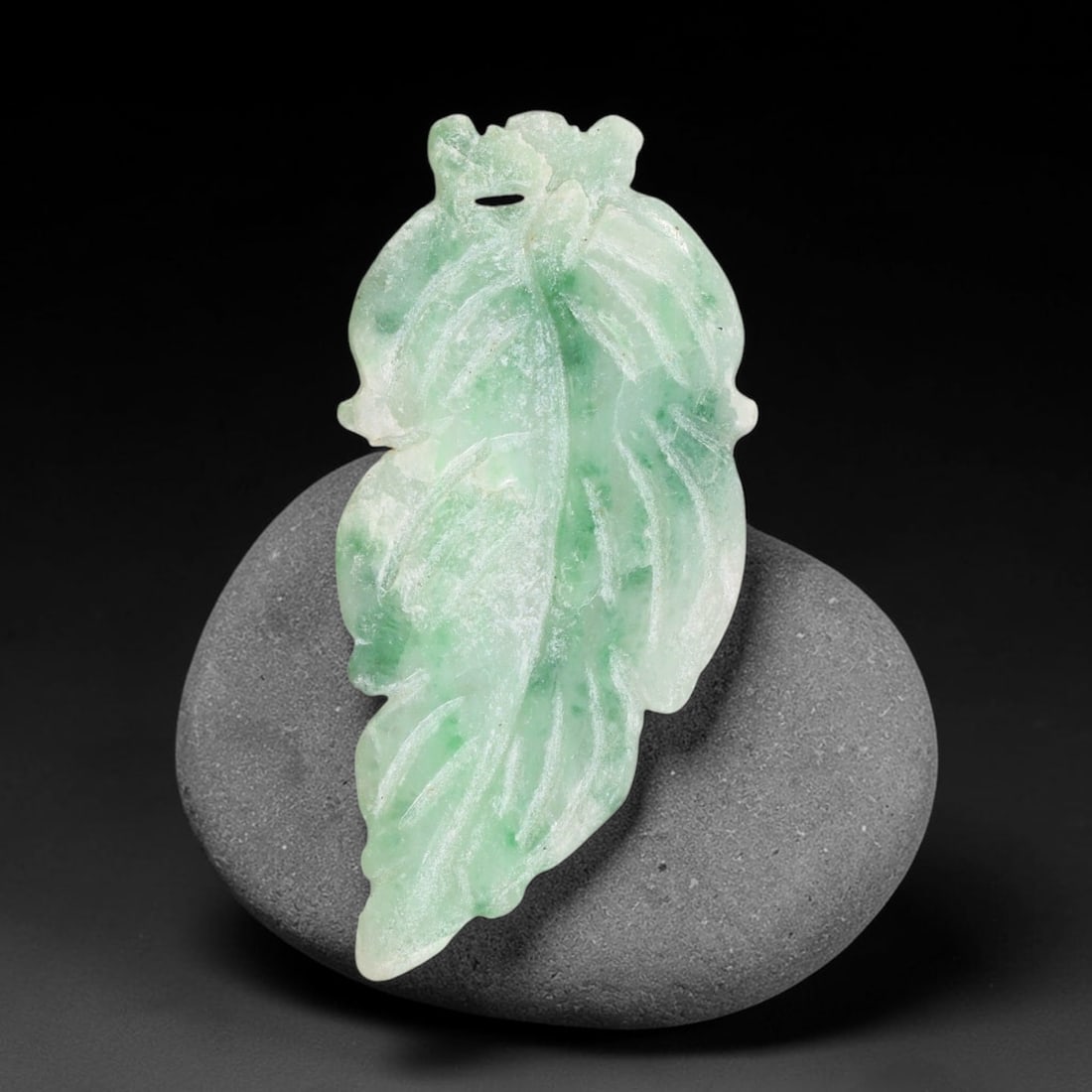 Natural Burmese Type A Jadeite Jade Hand Carved Pendant, 4TC: Artisan hand-carved untreated Burmese Type A jadeite jade pendant measuring 33.8x15 mm. Carefully sculpted with detailed relief craftsmanship and finished with a smooth glossy polish. Authentic Type A