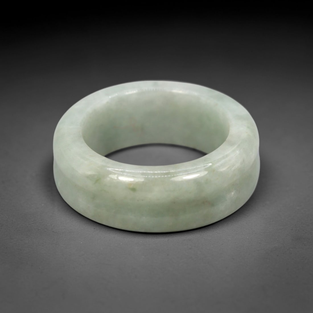 Natural Burmese Type A Jadeite Jade Double Grooved Band Ring Size US 8, 11XN: Hand-carved solid band ring crafted from genuine untreated Burmese Type A jadeite jade, presenting a soft pale misty celadon green tone with subtle natural faint grey cloud-like inclusions flowing eve