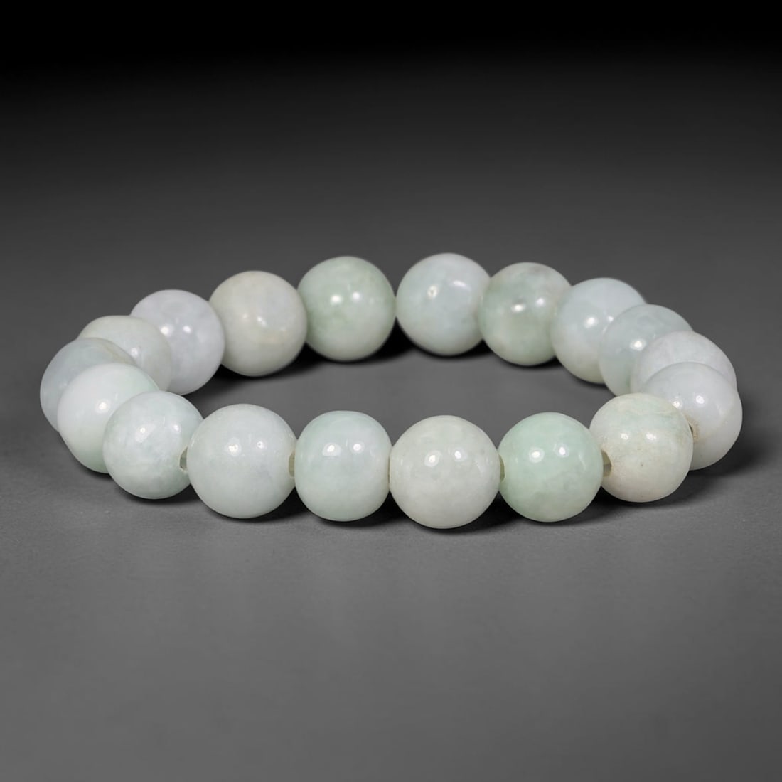 Natural Burmese Type A Milky White Pale Celadon Jadeite Jade Beaded Bracelet, 94TA: Made of fully untreated genuine Burmese Type A jadeite, this bracelet features evenly polished medium-large round beads dominated by soft milky white with faint pale celadon green undertones and subtl