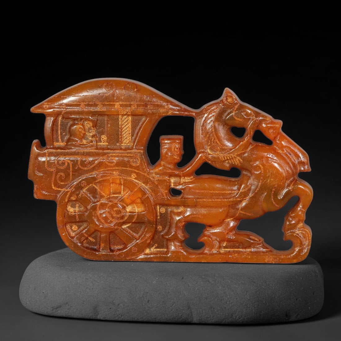 A Chinese Open-Work Carved Orange-Reddish Jade Stone Horse-Drawn Carriage Ornament, 98YF (1 of 2)