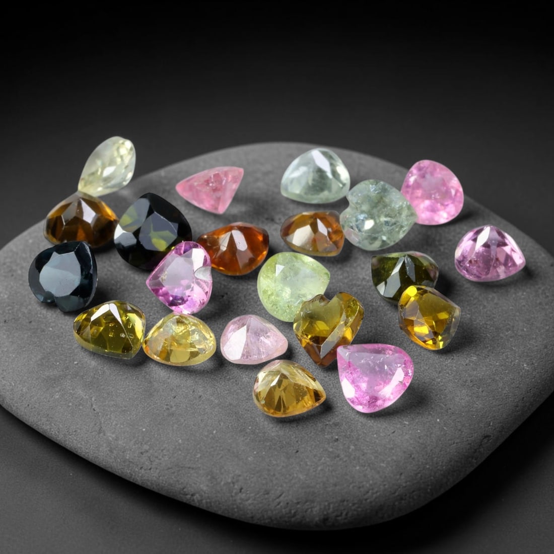 3.16ct Natural Multi Color Tourmaline Heart Cut Loose Gemstone 21pcs Parcel, 30TZ: This parcel contains 21pcs heart faceted natural tourmalines with total aggregate weight of 3.16 carats, each stone measuring 3.8x3.7x2.5mm. The gemstones display a varied palette of pink, green, yell
