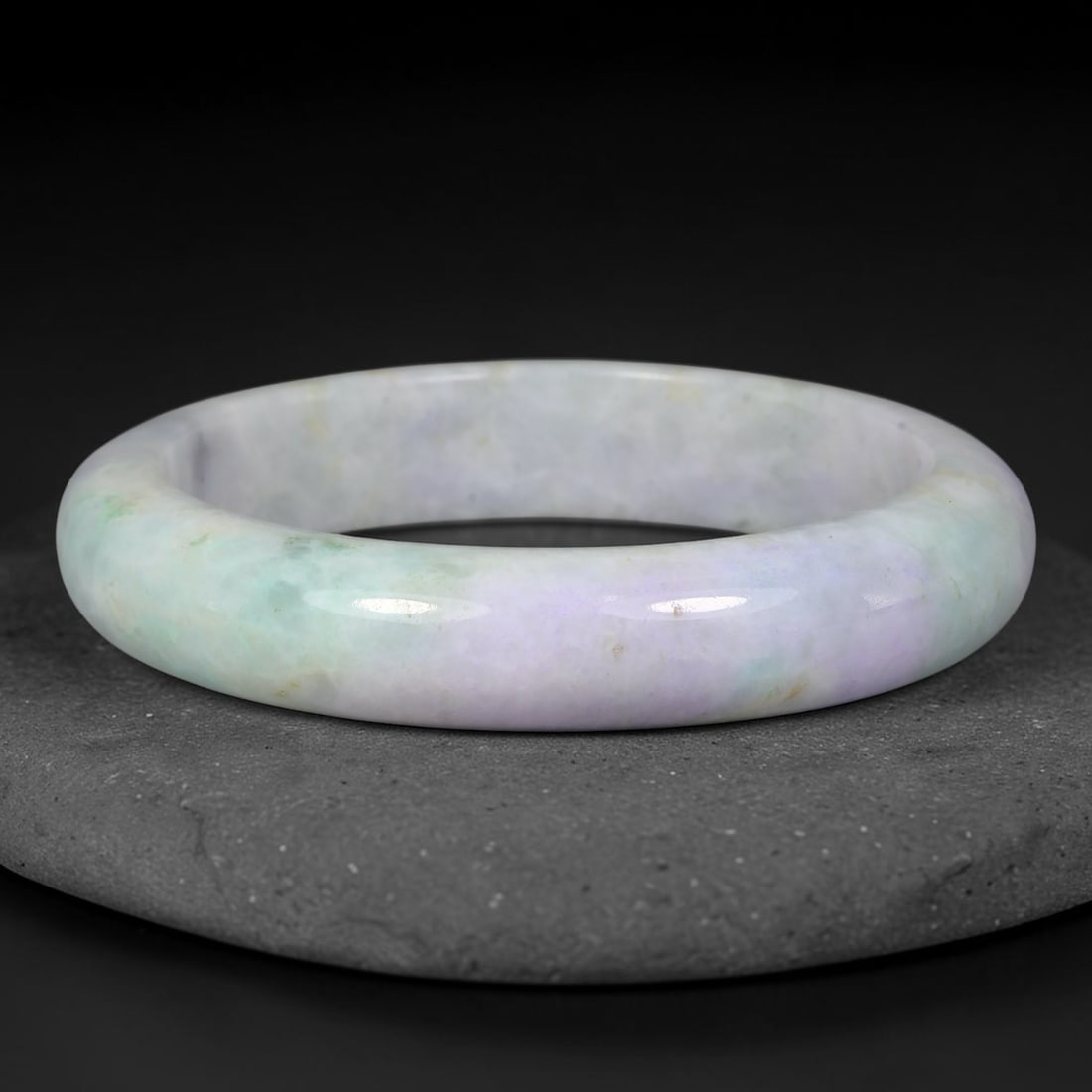 Natural Burmese Type A Pale Lavender Celadon Jadeite Jade Bangle Bracelet, 57TD: This smoothly polished jadeite bangle features soft pale lavender blended with subtle celadon green hints across the stone. Inner dimension 62.6x14.0mm, classic rounded band with gentle glossy luster.