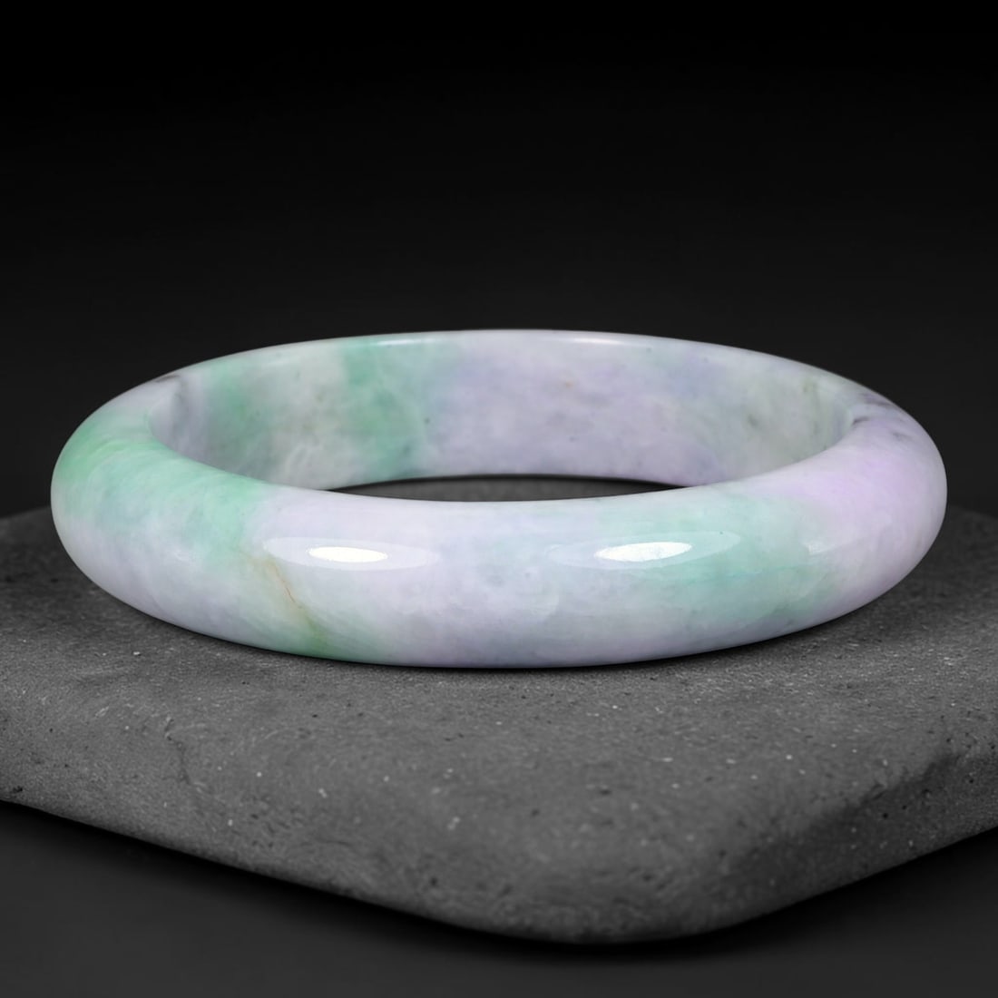 Natural Burmese Type A Lavender Floating Flower Green Jadeite Jade Bangle Bracelet, 52TD: Gorgeous polished jadeite bangle with soft milky lavender base accented by flowing floating flower green patches across the band. Inner dimension 62.3x14.0mm, smooth rounded band with beautiful glossy