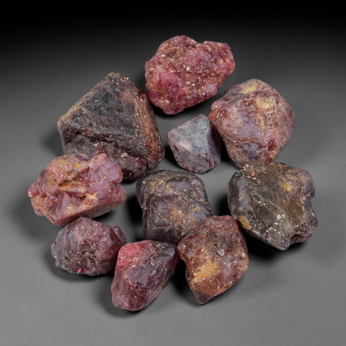 174.56ct Natural Spinel Rough Gemstone Parcel, Raw Spinel Crystals, 51TV: Natural spinel rough parcel with largest specimen measuring 19.0x19.1x8.0mm. Raw unpolished spinel crystals showing varied tones of red, pink, purple and grey, featuring natural crystalline textures, 