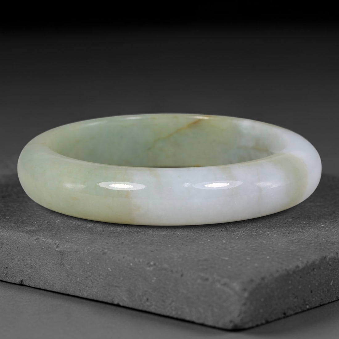 Natural Burmese Type A Pale Celadon With Warm Yellow Streak Jadeite Jade Bangle Bracelet, 6TJ: Beautifully polished jadeite bangle with milky white and soft pale celadon base, accented by gentle warm yellowish streaks. Inner dimension 54.7x13mm, substantial rounded band with smooth reflective g