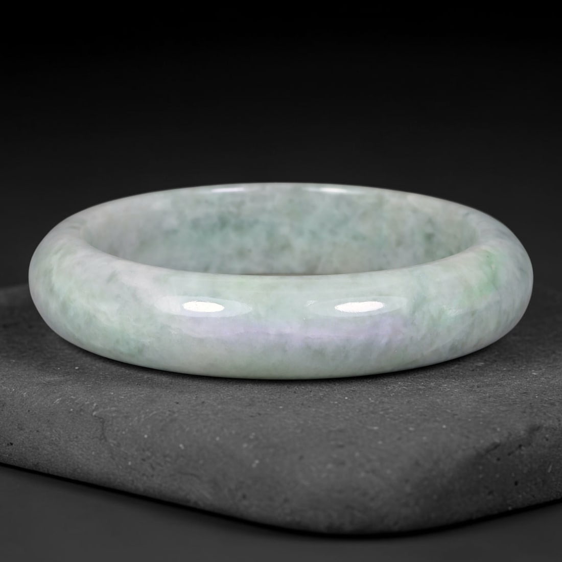 Natural Burmese Type A Pale Lavender Floating Green Jadeite Jade Bangle Bracelet, 56TD: This polished jadeite bangle features soft pale lavender blended with gentle floating green cloud mottling across the smooth surface. Inner dimension 62.2x16mm, solid wide band construction with gloss