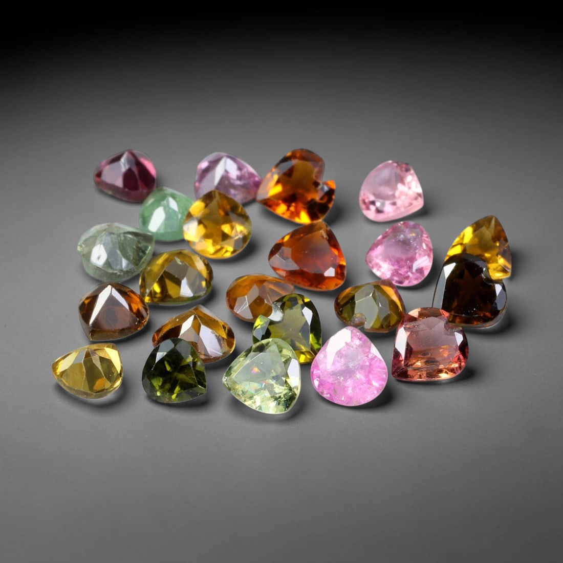 3.21ct Natural Multi Color Tourmaline Heart Cut Loose Gemstone 22pcs Parcel, 27TZ: This parcel contains 22pcs heart faceted natural tourmalines with total aggregate weight of 3.21 carats, each stone measuring 4.1x3.6x1.6mm. The gemstones display a varied palette of pink, green, yell
