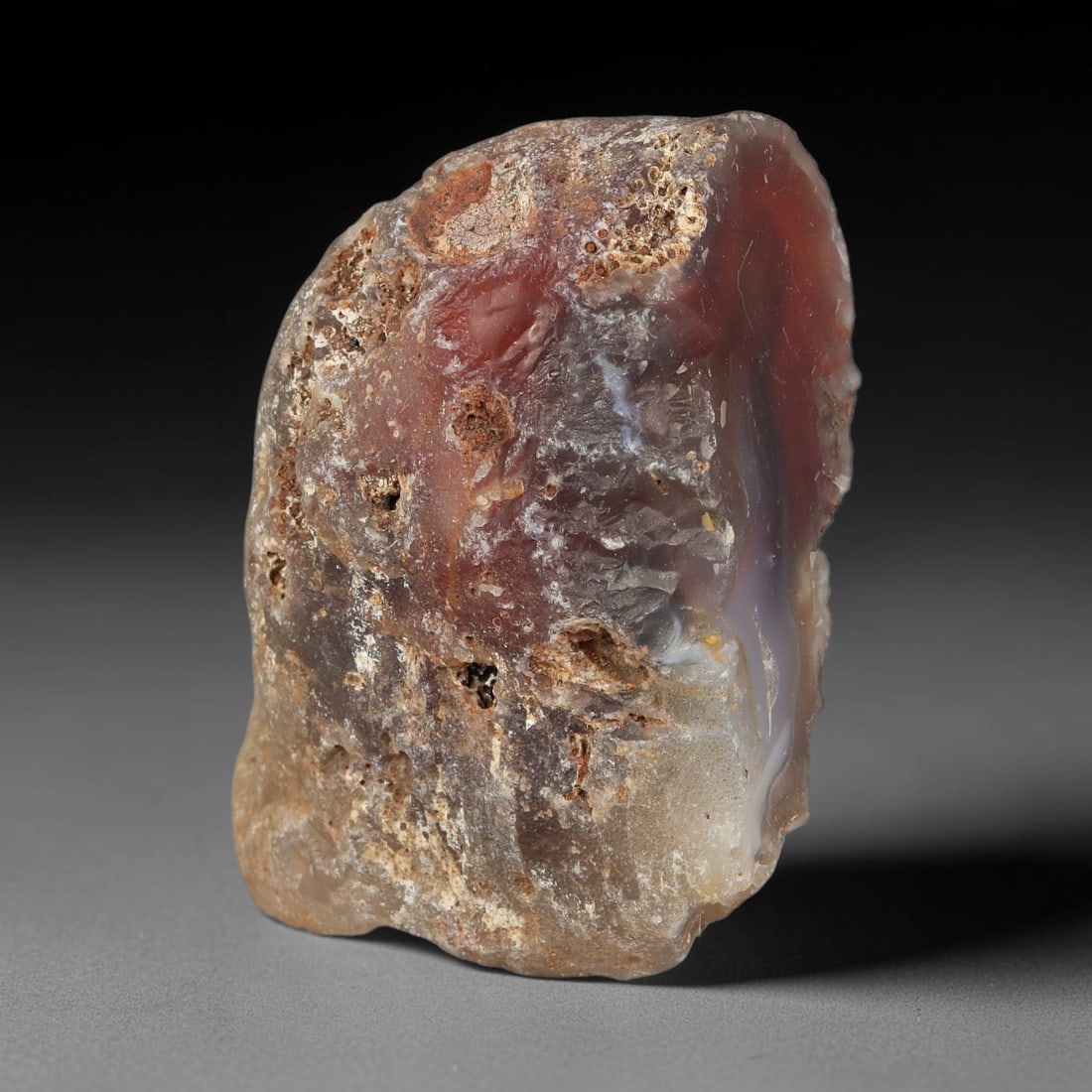 91g Natural Red Brown Agate Rough Specimen, Raw Agate, 3SB: Natural agate rough weighing 91 grams, measuring 68.9x42.5x24.4mm. This unpolished raw agate has rich red and brown translucent chalcedony interior, encased in porous weathered outer rind with small c