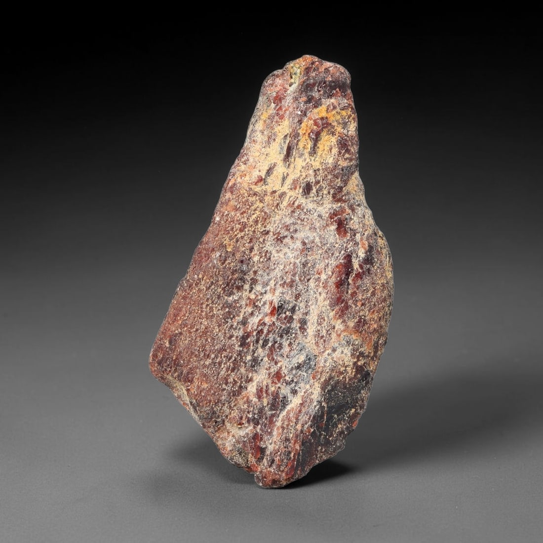 66g Natural Red Garnet Rough Gemstone, Raw Garnet Crystal, 99YT: Natural red garnet rough specimen , measuring 69.3x37.0x13.3mm. Unpolished raw matrix stone with rich reddish tones, natural surface texture, white mineral coating and small yellow crystal inclusions 