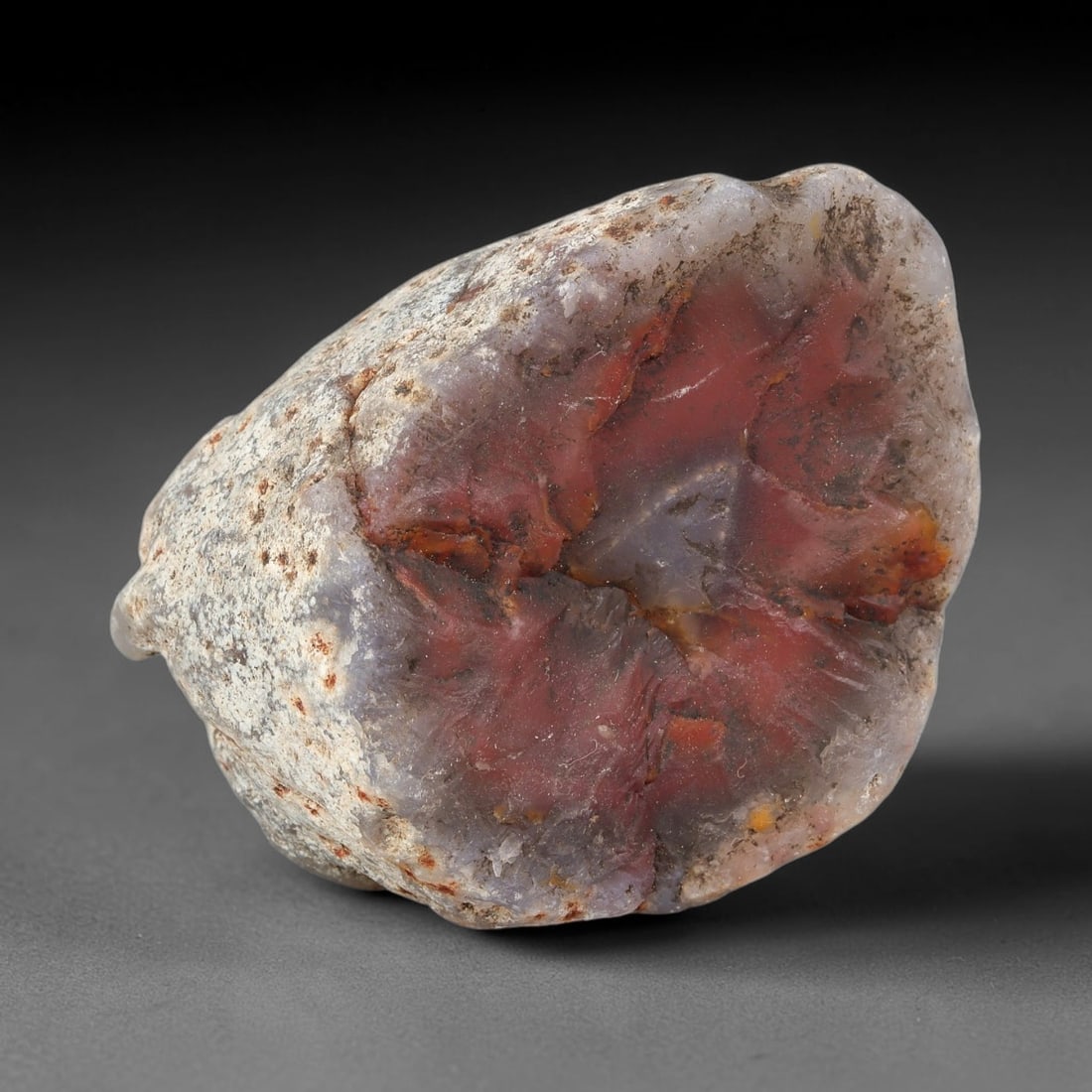 178g Natural Red Purple Agate Rough Specimen, Raw Agate, 97TV: Natural red purple agate rough weighing 178 grams, dimensions 65.5x60.3x55.8mm. This unpolished raw agate has striking deep red and purple translucent interiors, surrounded by natural white weathered 