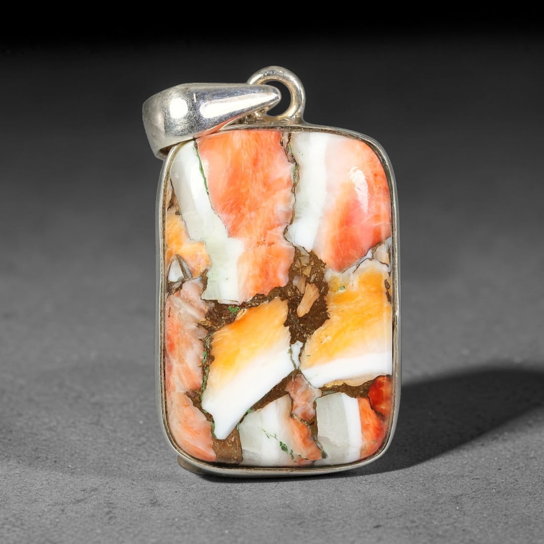 Oyster Turquoise Pendant - 925 Silver Handmade Gemstone, 51TY: This specimen features natural oyster turquoise set within handcrafted sterling silver mount. The polished oval cabochon displays a matrix host with intergrown bright turquoise, orange spiny oyster sh