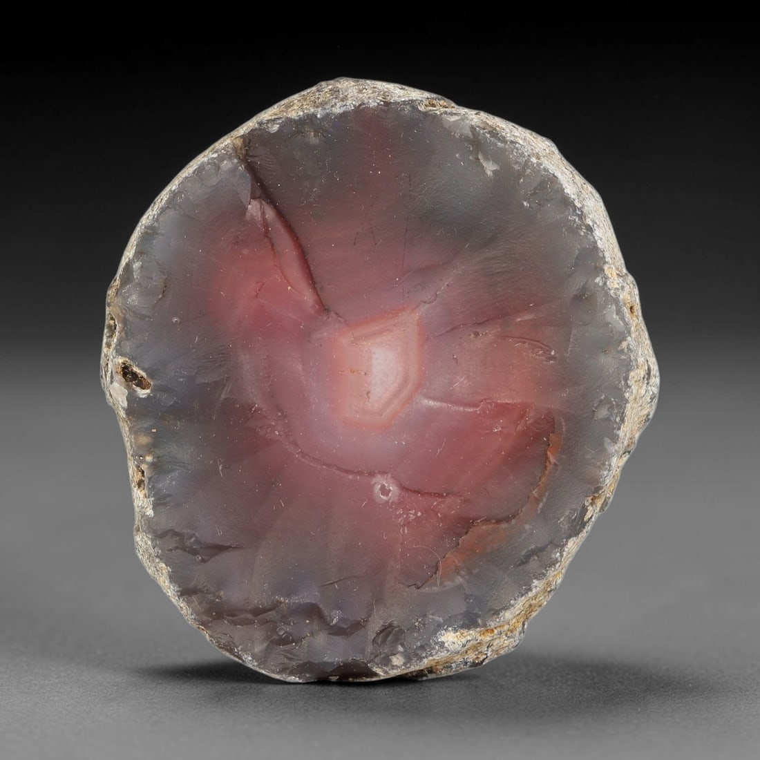258g Natural Pink Grey Banded Agate Rough Slice Specimen, Raw Agate, 8SB: Natural pink grey banded agate rough weighing 258 grams, dimensions 66.9x60.9x43.0mm. This cut raw agate shows beautiful concentric banding with a soft pink center fading into translucent grey chalced