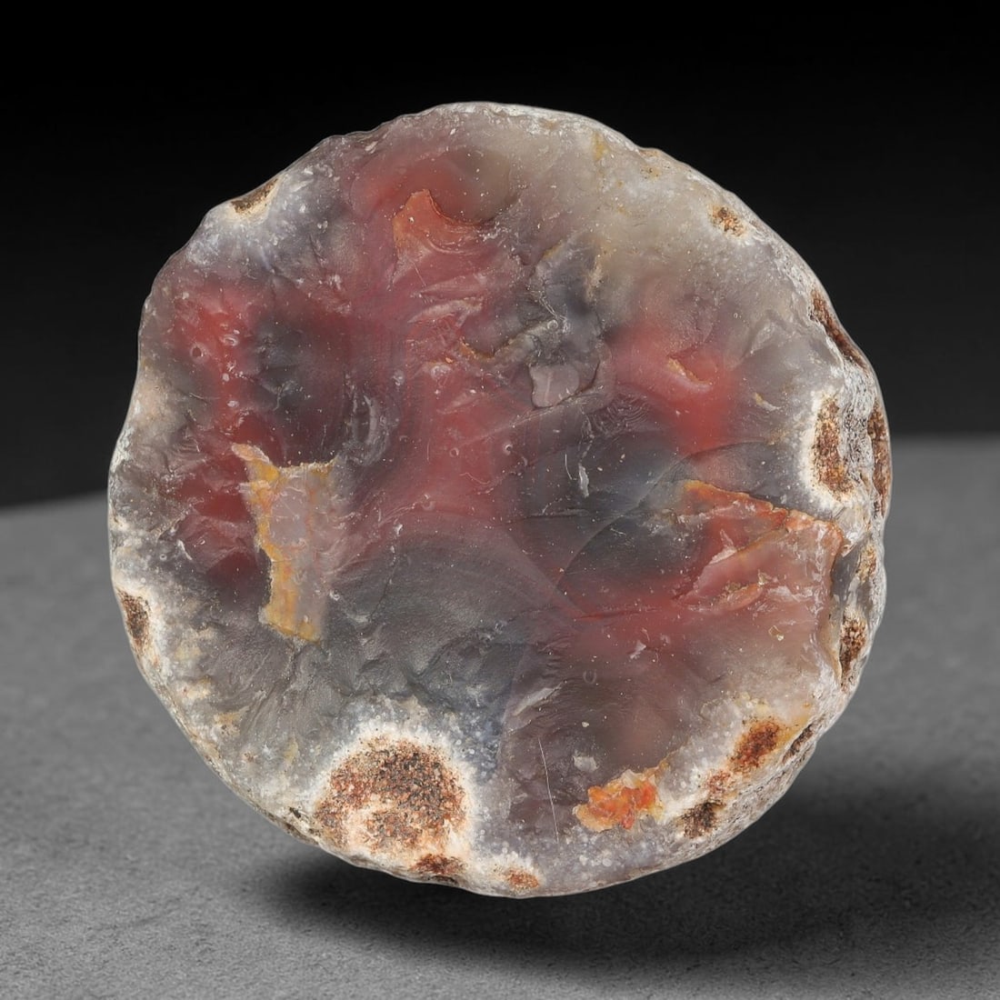 153g Natural Red Banded Agate Rough Specimen, Raw Agate, 6SB: Natural red banded agate rough weighing 153 grams, dimensions 67.5x66.8x22.8mm. This raw agate features beautiful swirling red, grey and golden translucency, natural outer rind with mineral deposits a