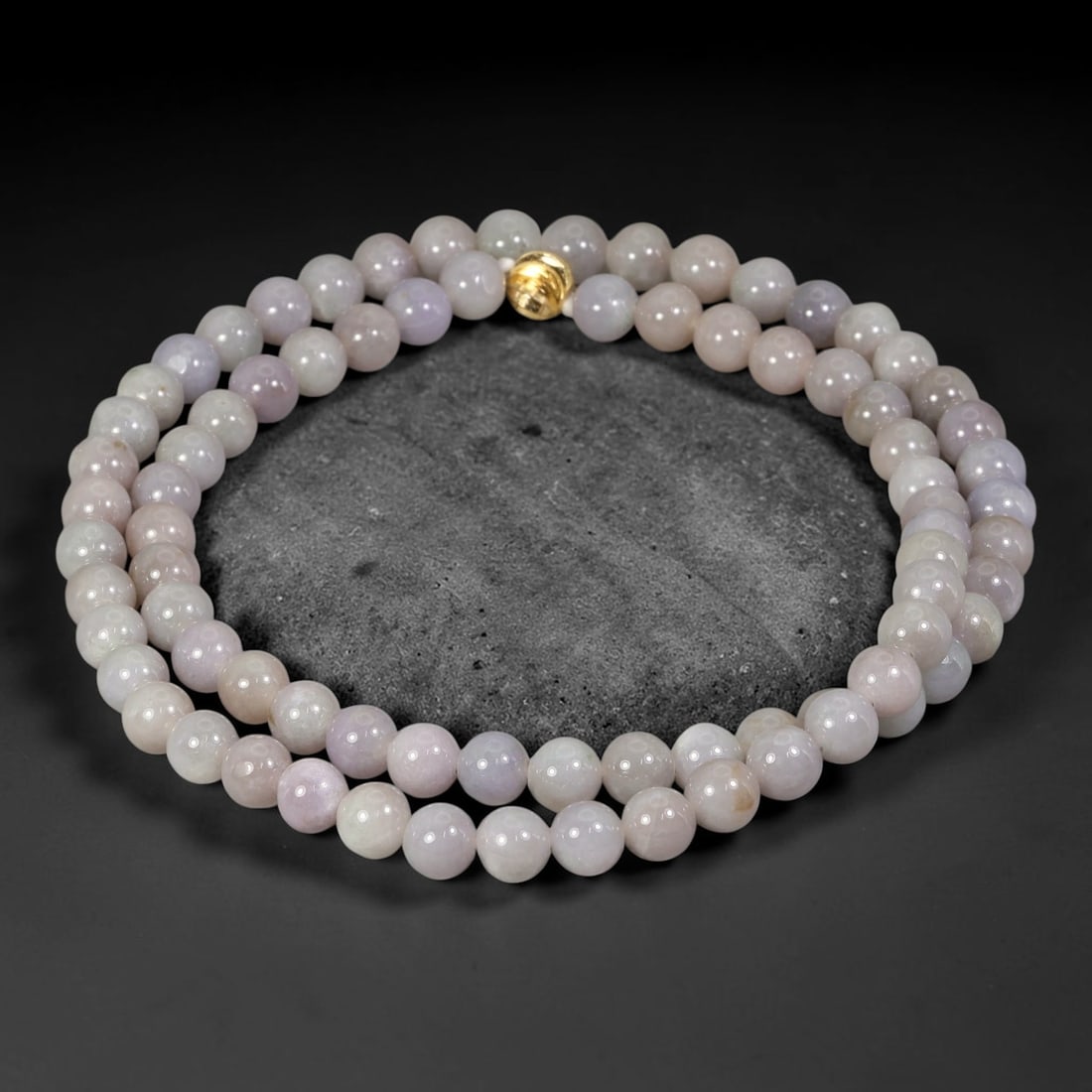 Natural Burmese Type A Lavender Mottled Jadeite Jade Beaded Necklace, 68TF: This necklace is made of smoothly polished round natural Burmese Type A jadeite beads measuring 7.8mm, featuring soft lavender tones with subtle natural mottling across the bead surfaces. It is finish