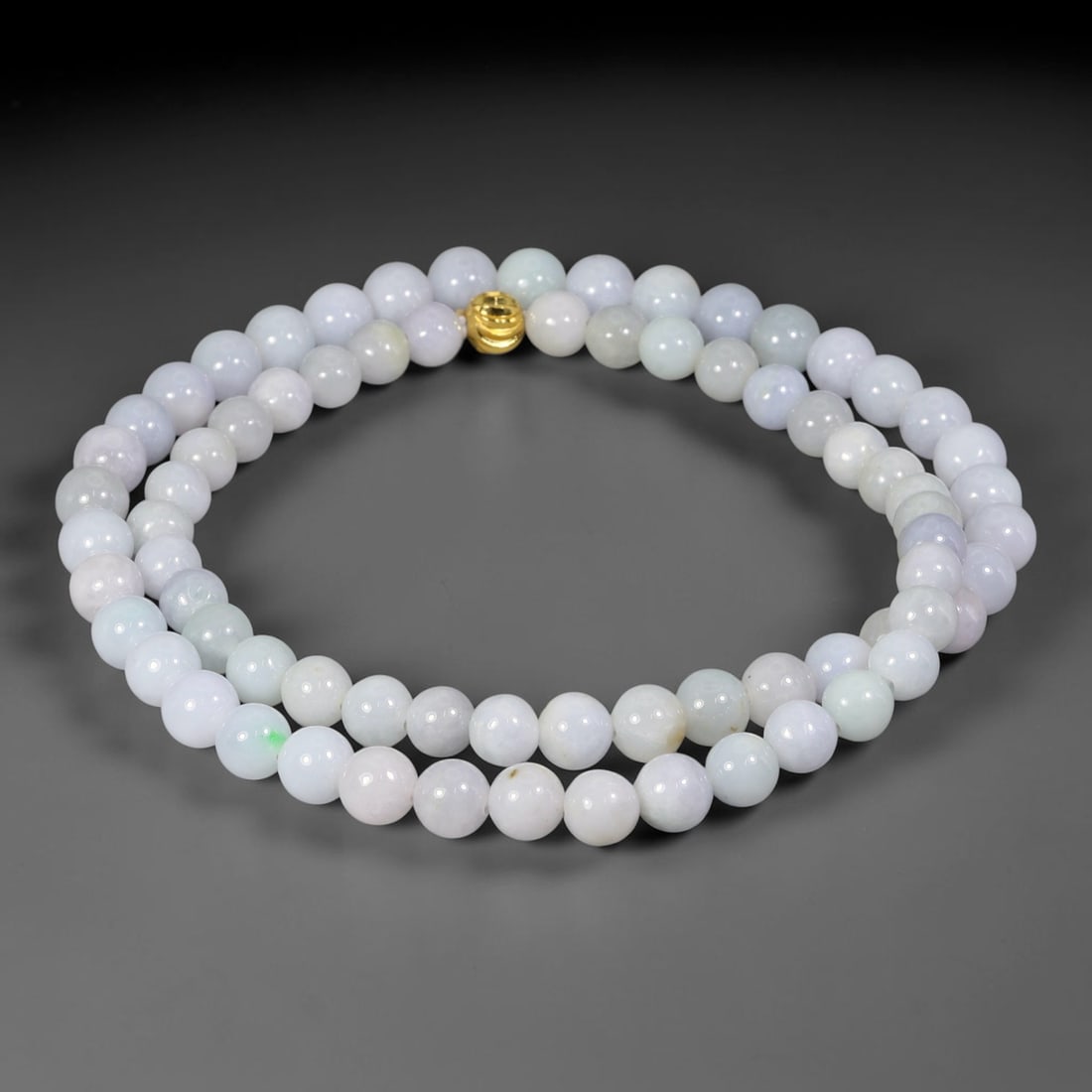 Natural Burmese Type A Pale Lavender Floating Green Jadeite Jade Beaded Necklace, 61TF: This necklace features smoothly polished round natural Burmese Type A jadeite beads measuring 9.0mm. The beads display soft pale lavender base accented with delicate patches of floating green. It is f
