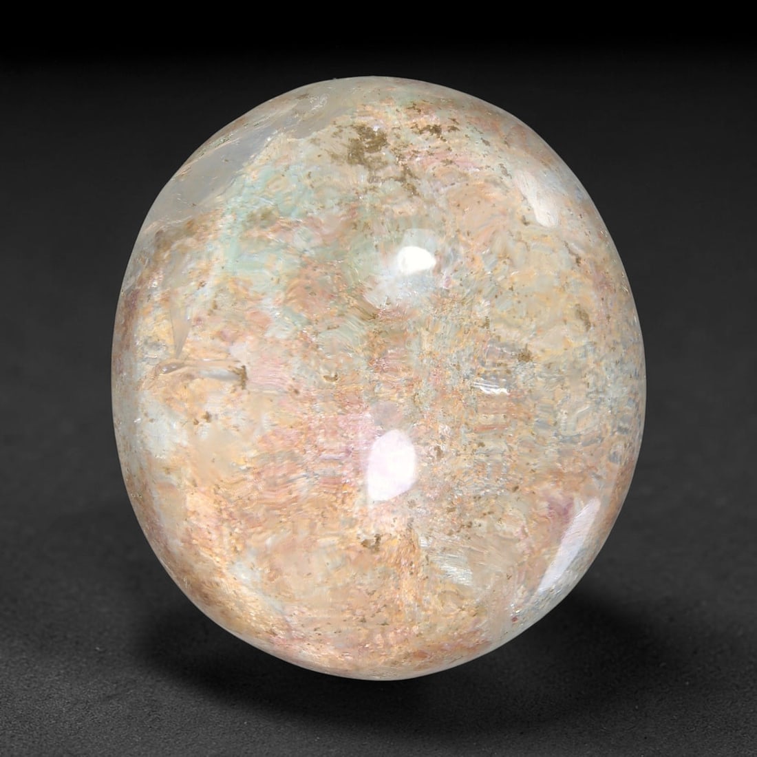 30.60ct Natural Brazilian Phantom Quartz Oval Cabochon Loose Gemstone, 47YX: This smoothly polished cabochon of natural phantom quartz preserves delicate layered phantom crystal formations enclosed inside transparent quartz host. The domed polished surface offers unobstructed 