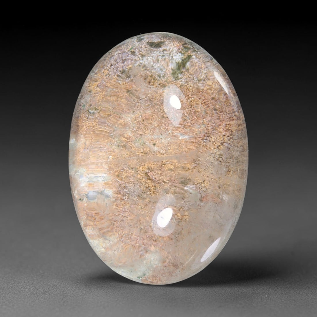 36.72ct Natural Brazilian Phantom Quartz Oval Cabochon Loose Gemstone, 25YX: This smoothly polished cabochon of natural phantom quartz preserves delicate layered phantom crystal formations enclosed inside transparent quartz host. The domed polished surface offers unobstructed 