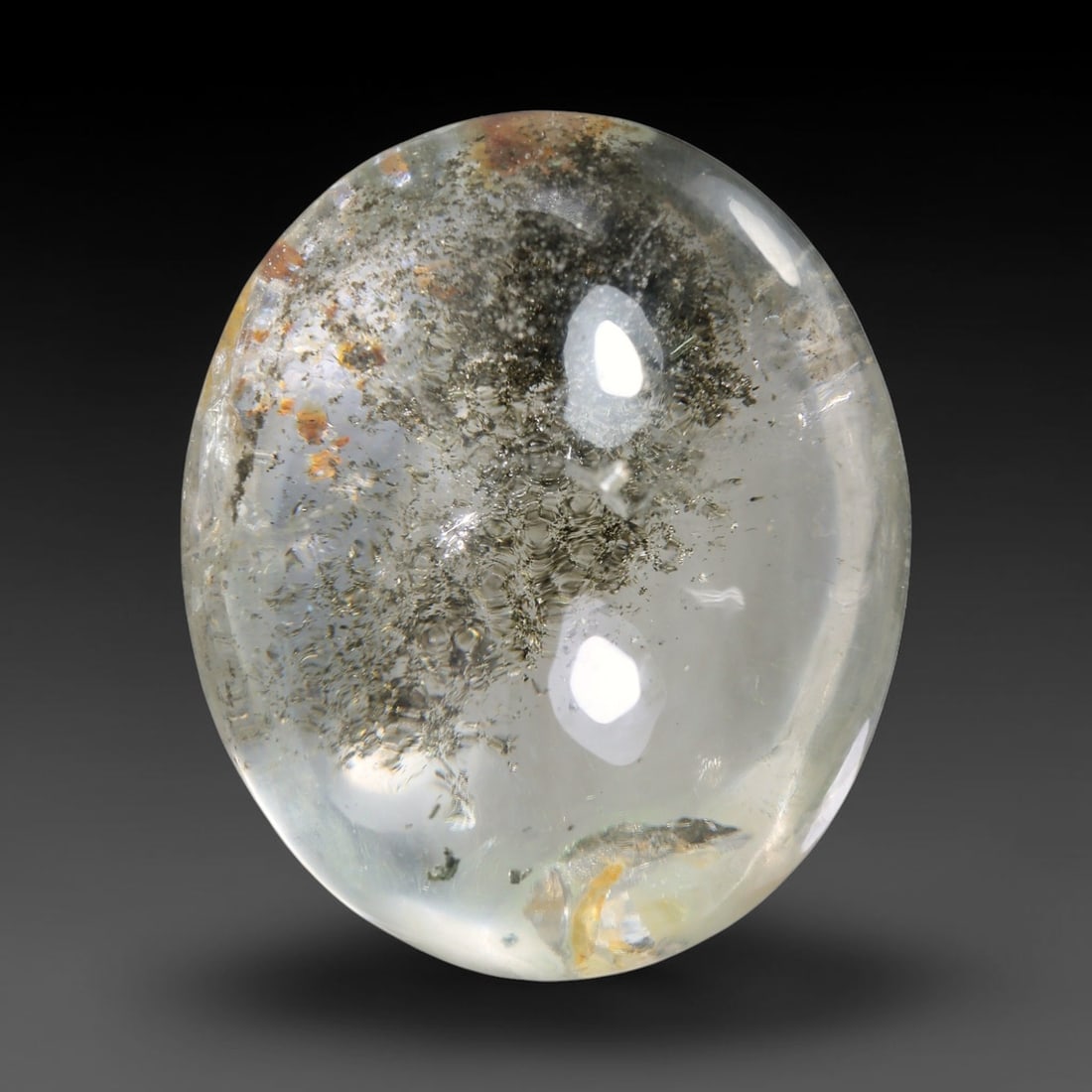 41.23ct Natural Brazilian Phantom Quartz Oval Cabochon Loose Gemstone, 51YX: This smoothly polished cabochon of natural phantom quartz preserves delicate layered phantom crystal formations enclosed inside transparent quartz host. The domed polished surface offers unobstructed 