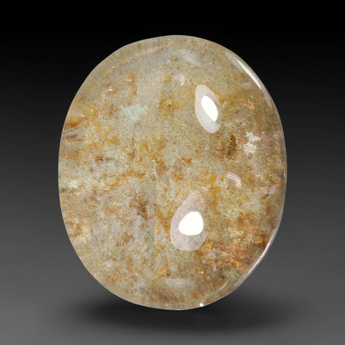 31.82ct Natural Brazilian Phantom Quartz Oval Cabochon Loose Gemstone, 27YX: This smoothly polished cabochon of natural phantom quartz preserves delicate layered phantom crystal formations enclosed inside transparent quartz host. The domed polished surface offers unobstructed 