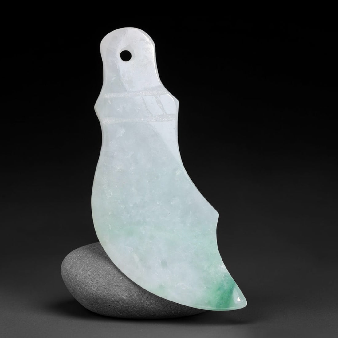 Natural Burmese Type A Jadeite Jade Hand Carved Pendant, 18TS: Artisan hand-carved untreated Burmese Type A jadeite jade pendant measuring 37.7x17.4 mm. Carefully sculpted with detailed relief craftsmanship and finished with a smooth glossy polish. Authentic Type