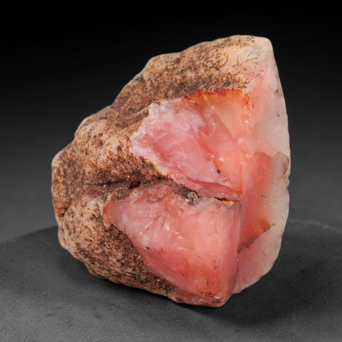 68g Natural Pink Agate Rough Loose Raw Gemstone Specimen, 59SB: This natural pink agate rough weighs 68g, measuring 50.1x40.4x28.1mm. It features soft translucent pink agate with exposed polished-looking fracture face, outer brown earthy matrix skin and natural cr