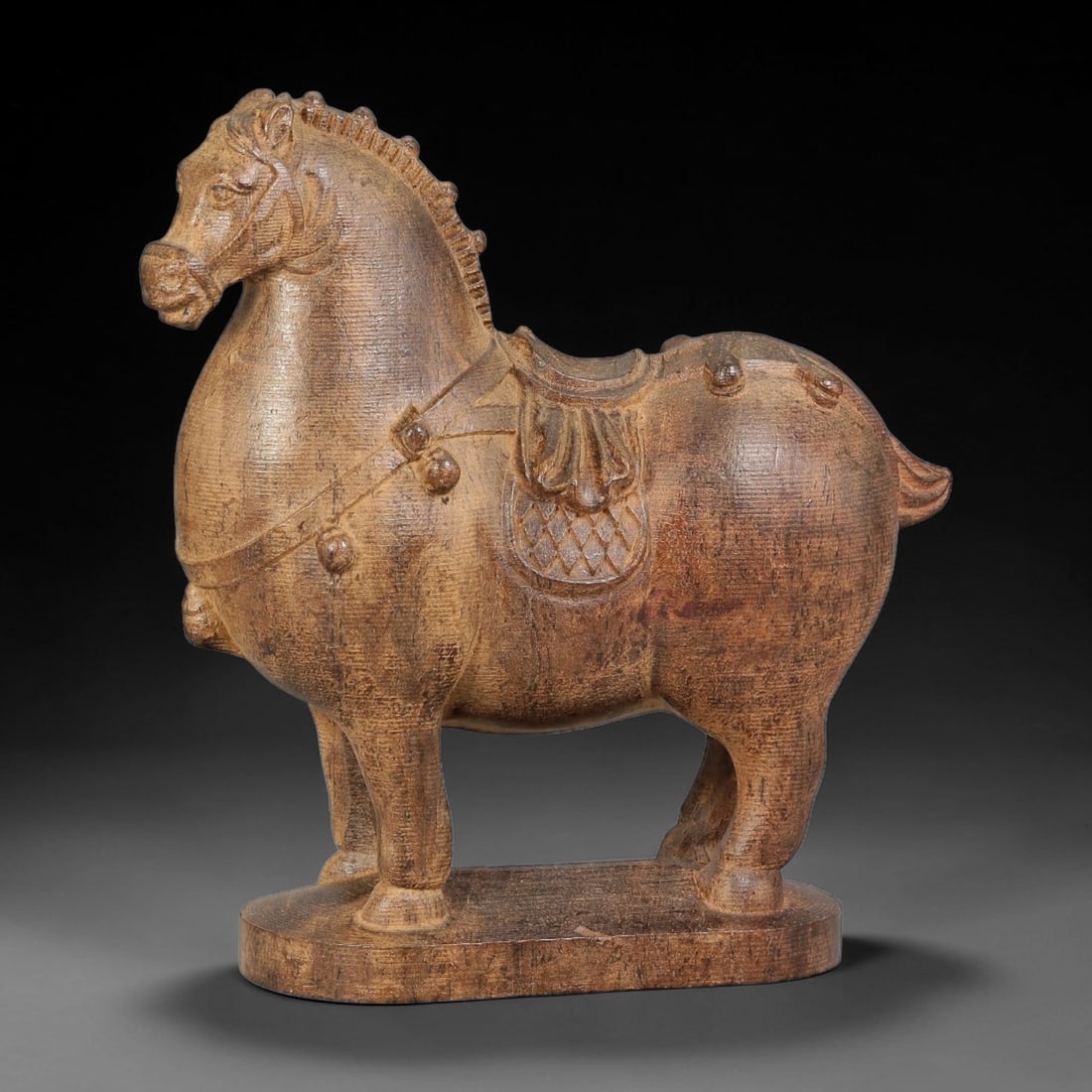 A Carved Agarwood Figure of a Horse Sculpture Figurine, 1SD: Carved from fragrant agarwood (Aquilaria spp.), the work depicts a horse in a robust and plump form, standing with raised head and regular tooth-like ridges along the mane. The body is carved with a s