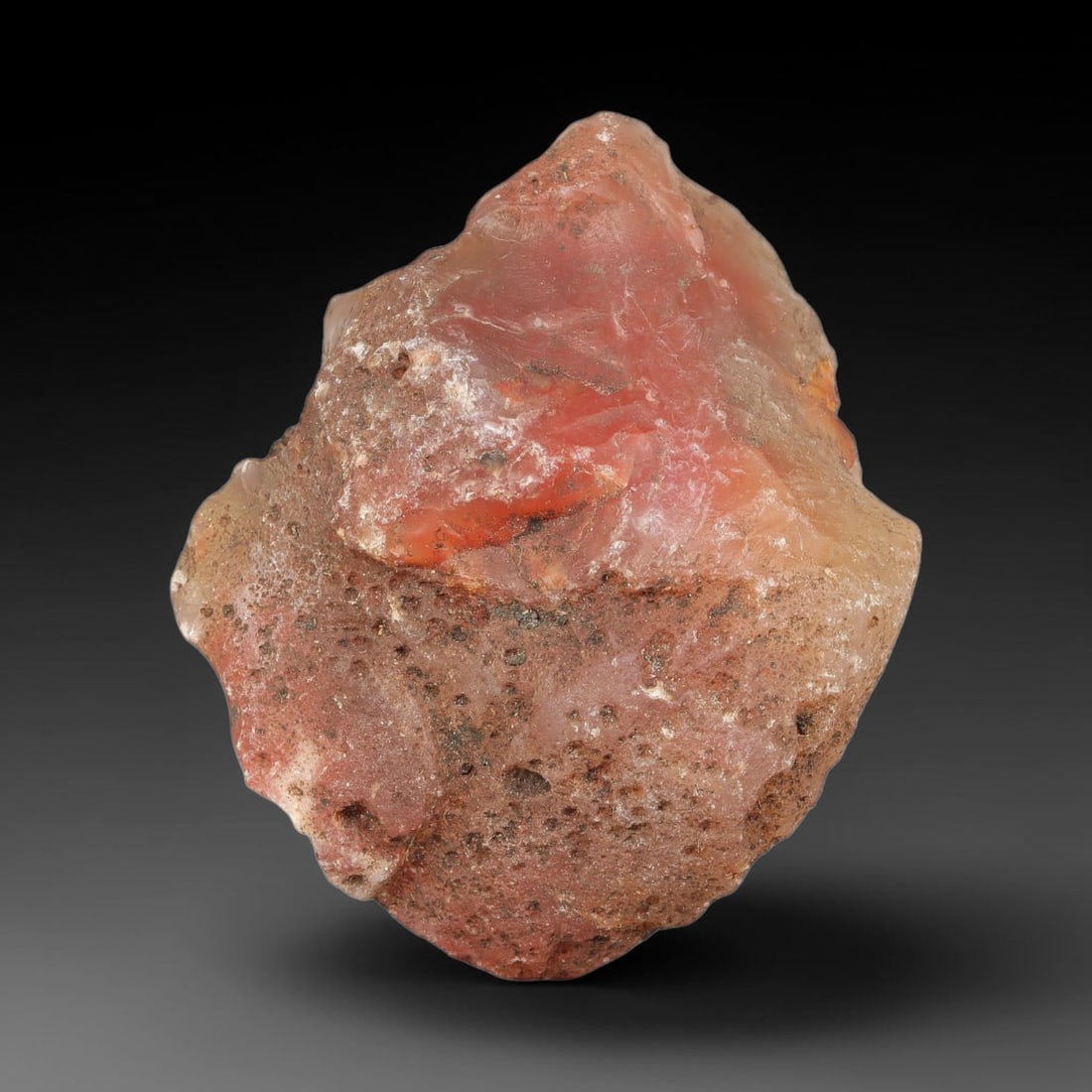 59g Natural Pink Red Agate Rough Loose Raw Gemstone Specimen, 33SB: This natural pink red agate rough weighs 59g, with dimensions 56.7x43.7x23.0mm. It features translucent pink-red agate mixed with natural earthy host rock, porous surface texture and subtle mineral sp