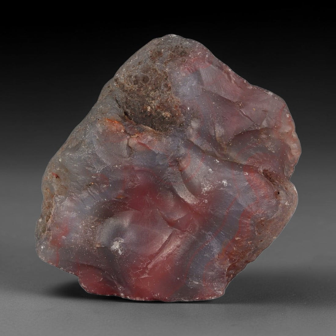 119g Natural Red Banded Agate Rough Specimen, Raw Agate, 4SB: Natural red banded agate rough weighing 119 grams, measuring 52.5x51.3x44.2mm. This unpolished raw agate displays soft grey translucent base with flowing red concentric banding, natural weathered surf