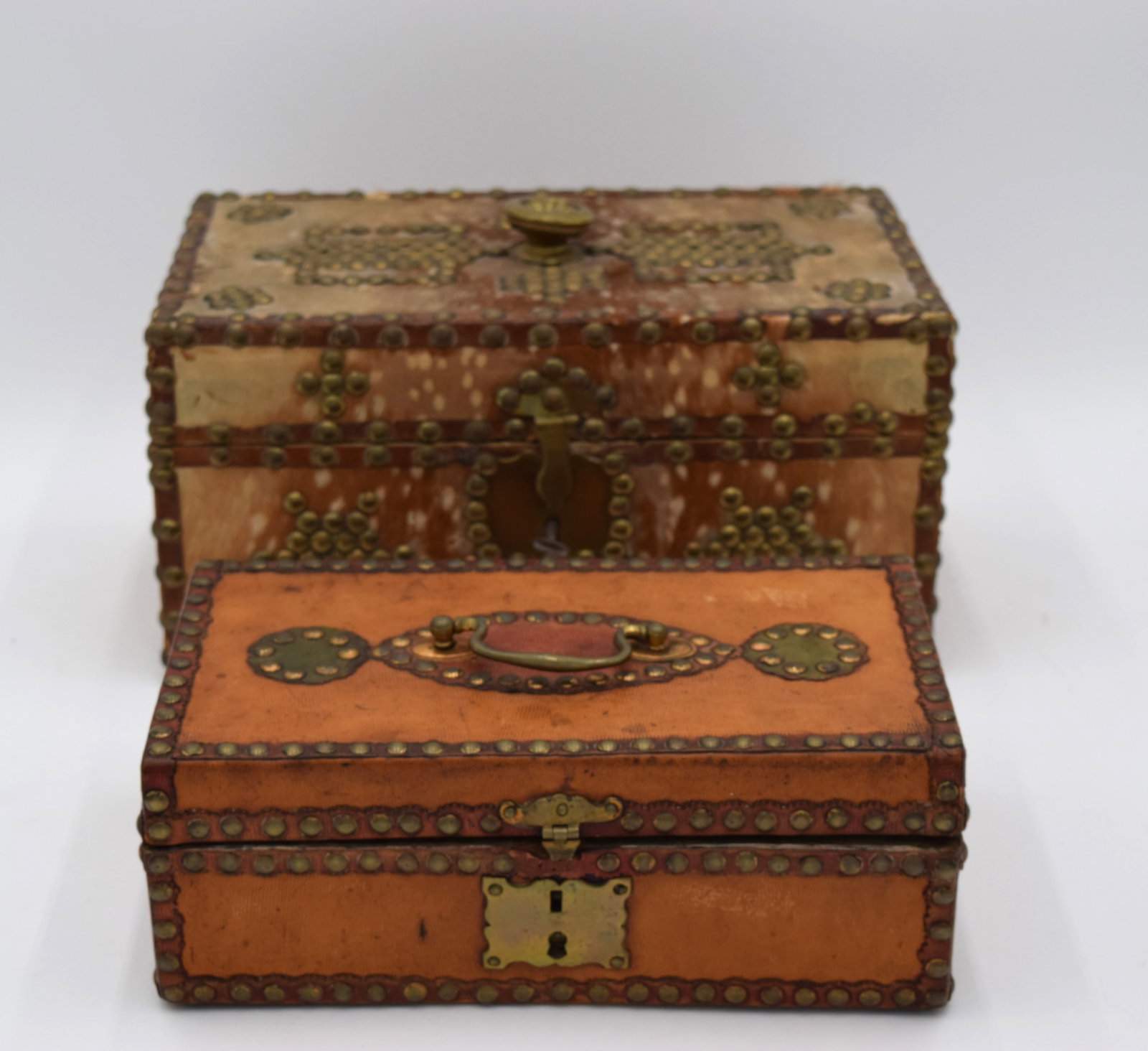 Pair Early American Leather Brass Studded Document Boxes (1 of 8)