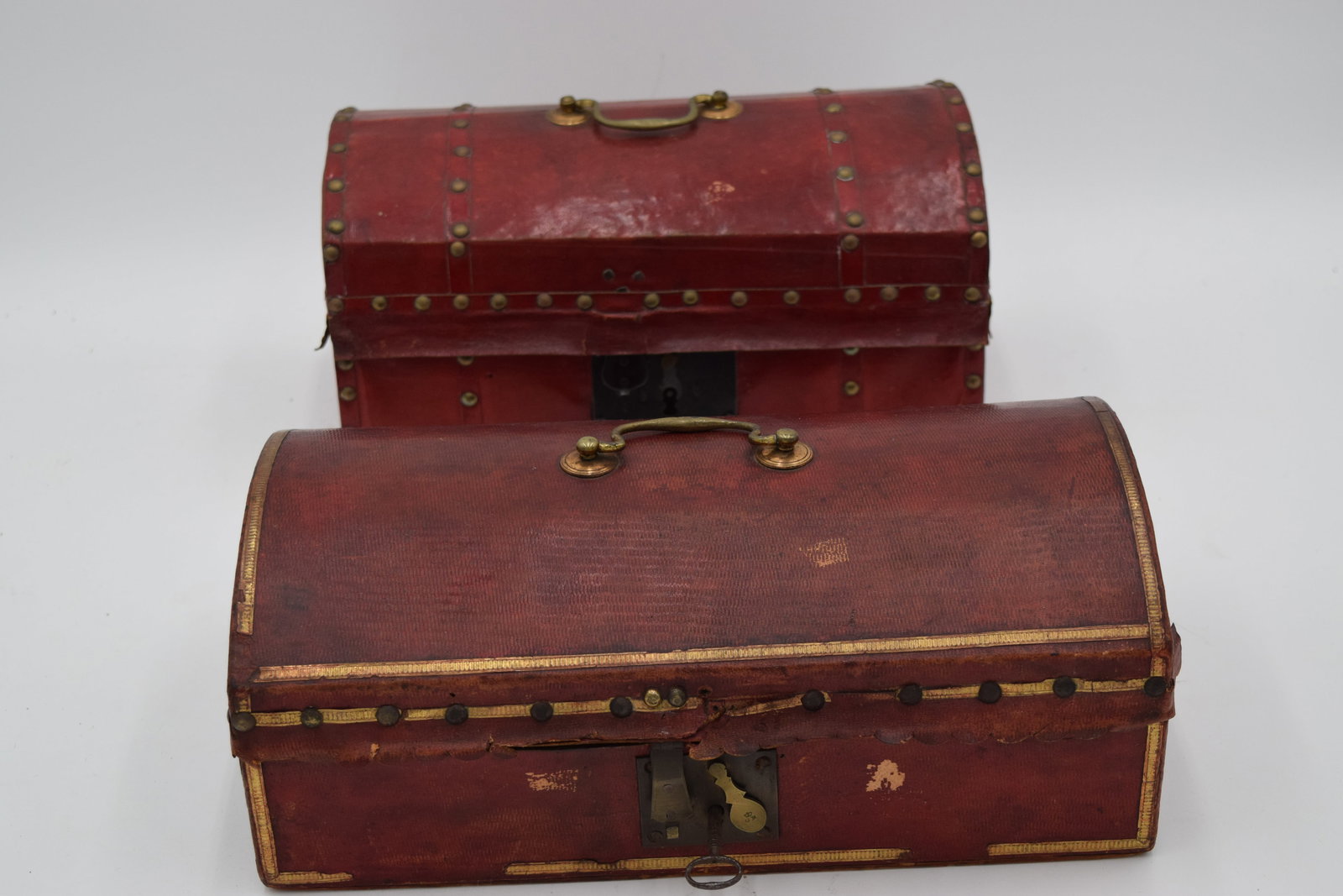 Pair Early American Red Leather Brass Studded Document Boxes (1 of 8)