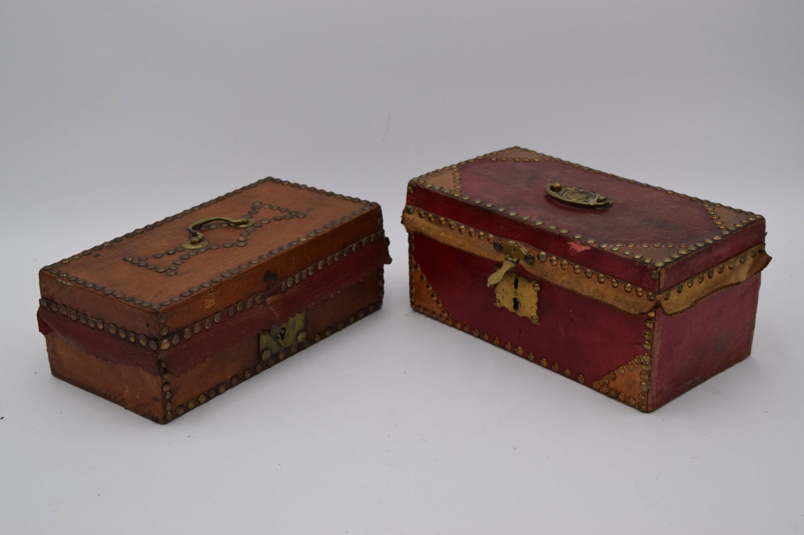 Pair Early American Leather Brass Studded Document Boxes Moyer Phila. (1 of 9)