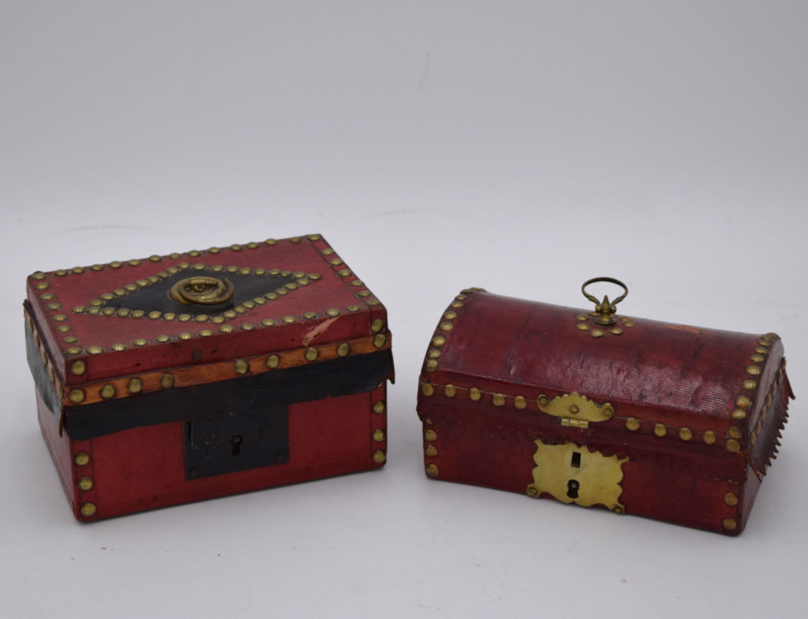 Pair Early American Red Leather Brass Studded Document Boxes (1 of 6)