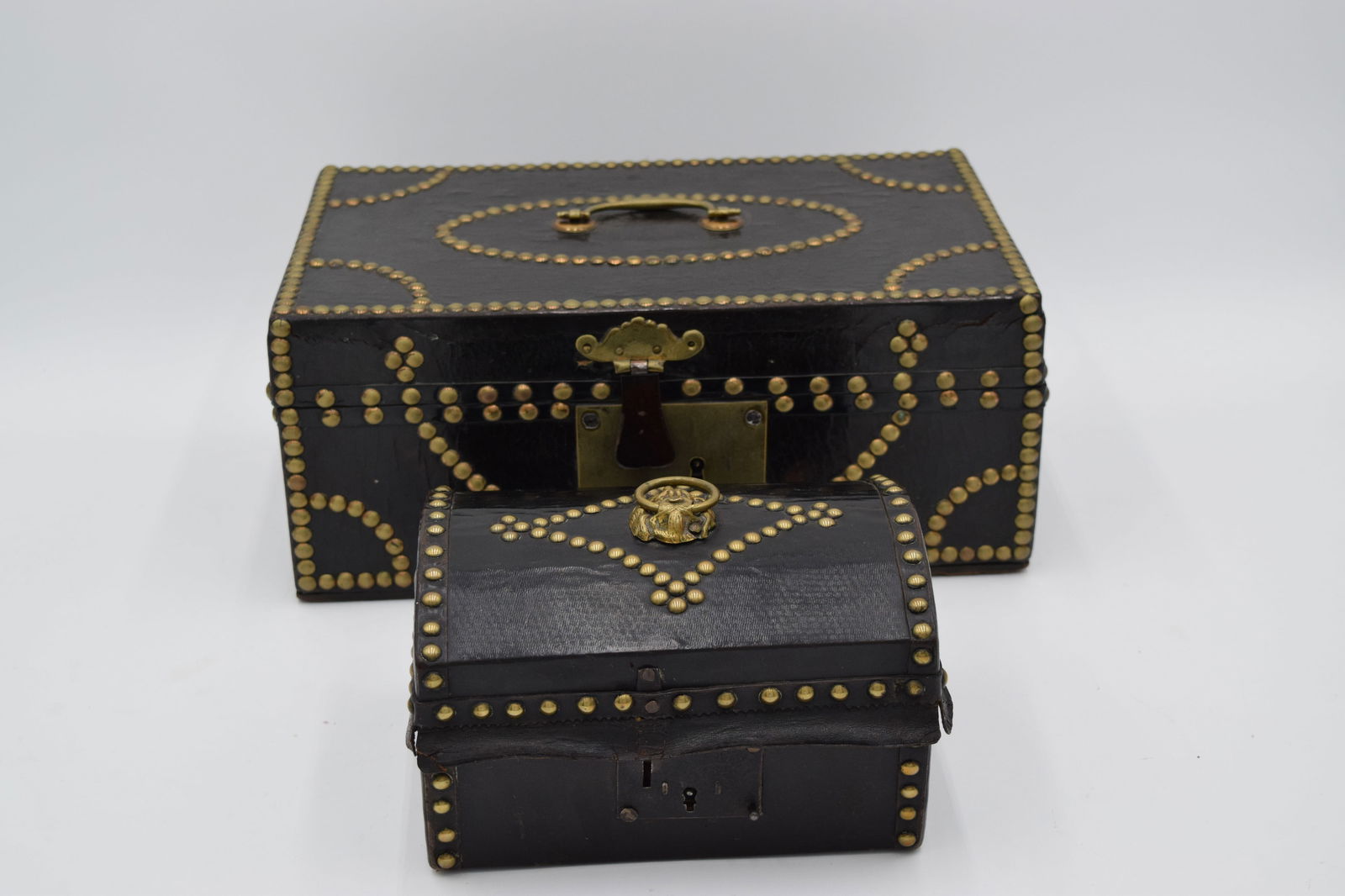 Pair Early American Black Leather Bound Brass Studded Boxes Robert Burr (1 of 10)