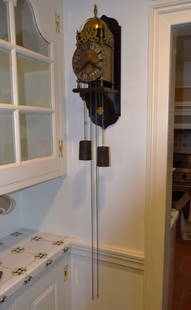 English John Smith London Weight Driven Lantern Clock: English, Late 18th century early 19th Century, brass, all original and appears to be working. Includes custom wall shelf