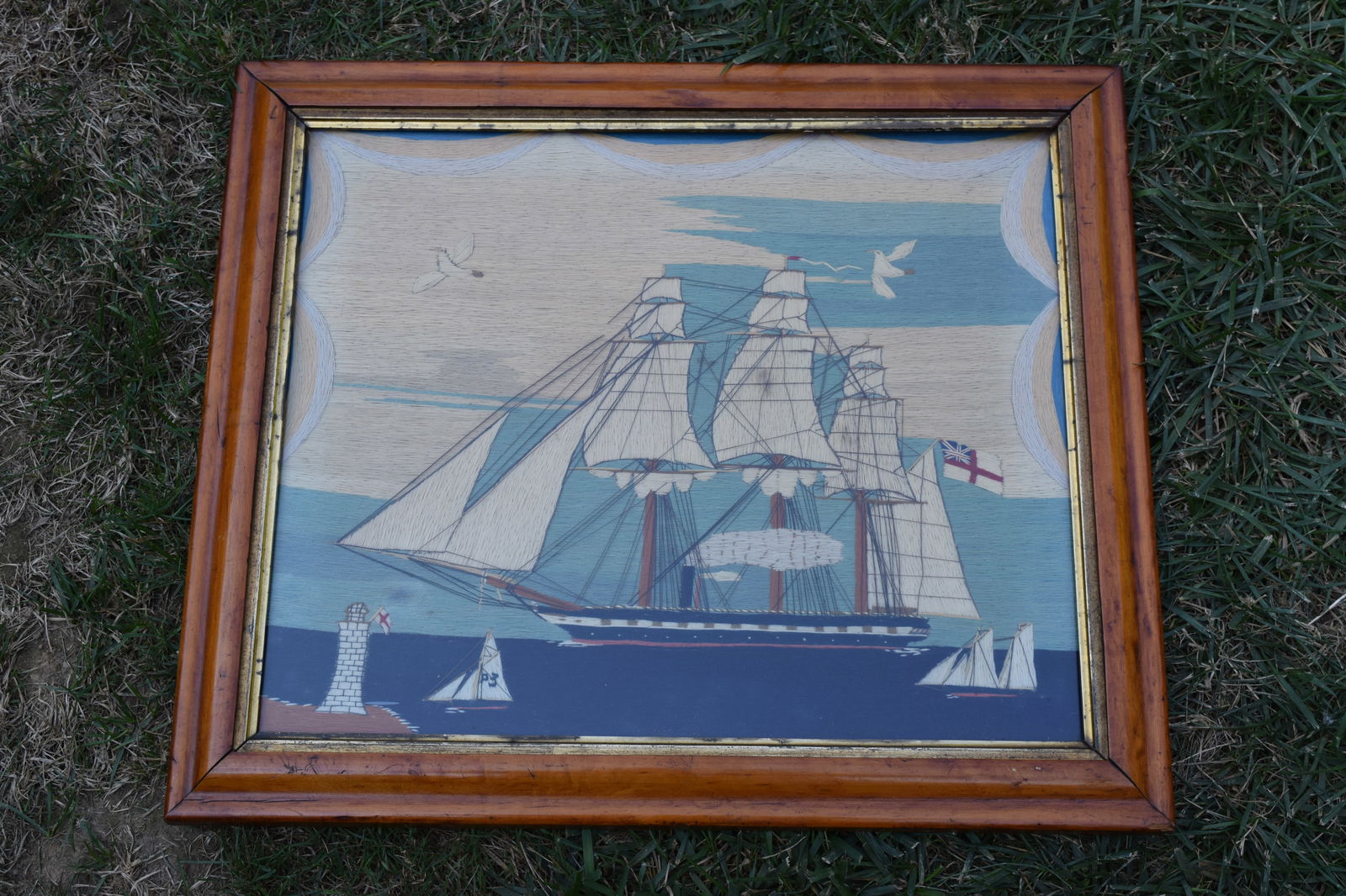 English 19th Century Wool Work "Woolie" Embroidery of British Ship (1 of 6)