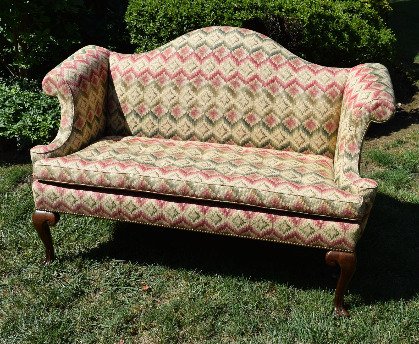 Vintage Chippendale Upholstered Camelback Loveseat (1 of 6)